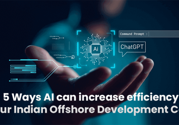 Image shows a hand held up with text overlaid listing 5 ways AI increases efficiency of Indian offshore development centers.
